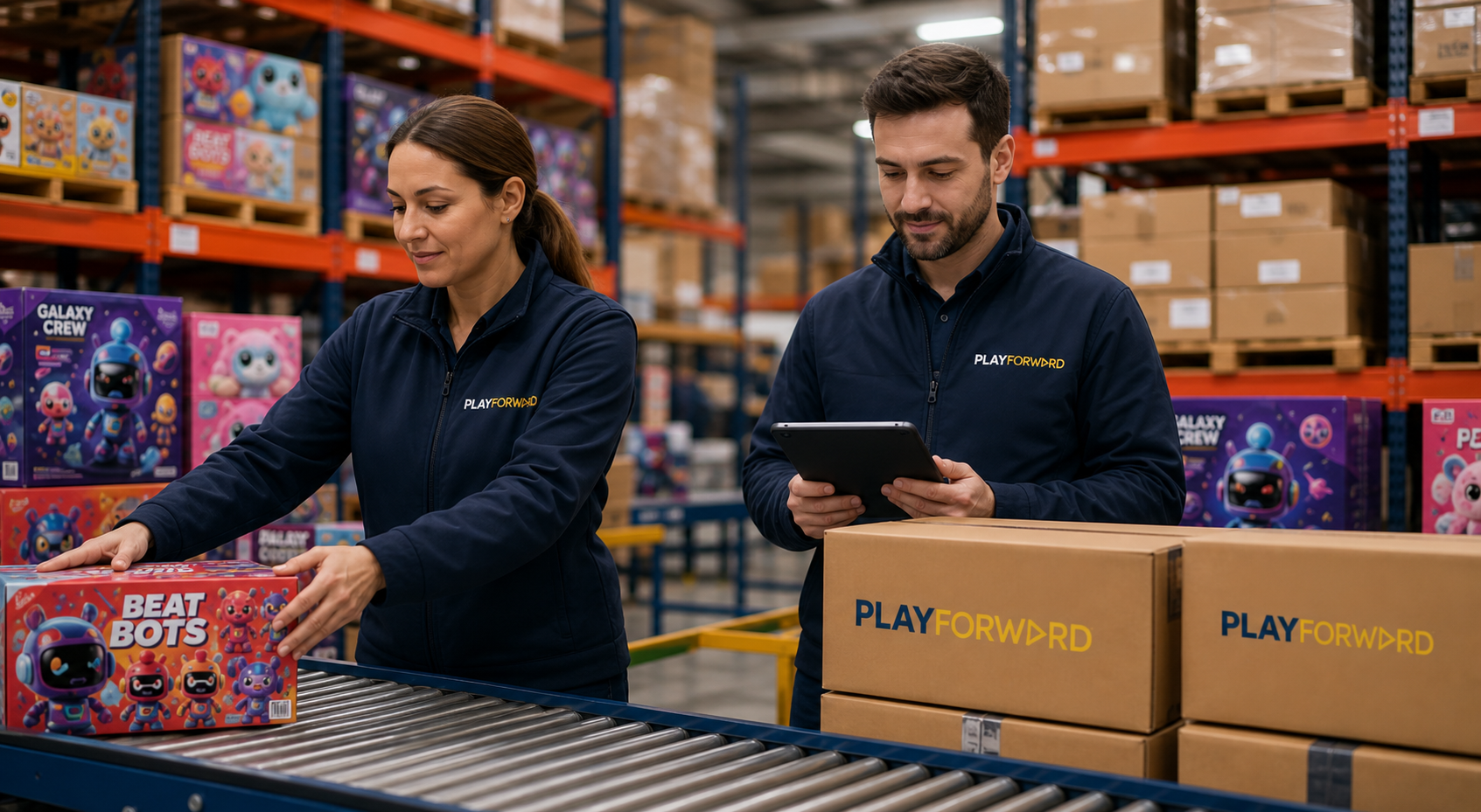 PopWhim logistics team inspecting toy cartons in a warehouse